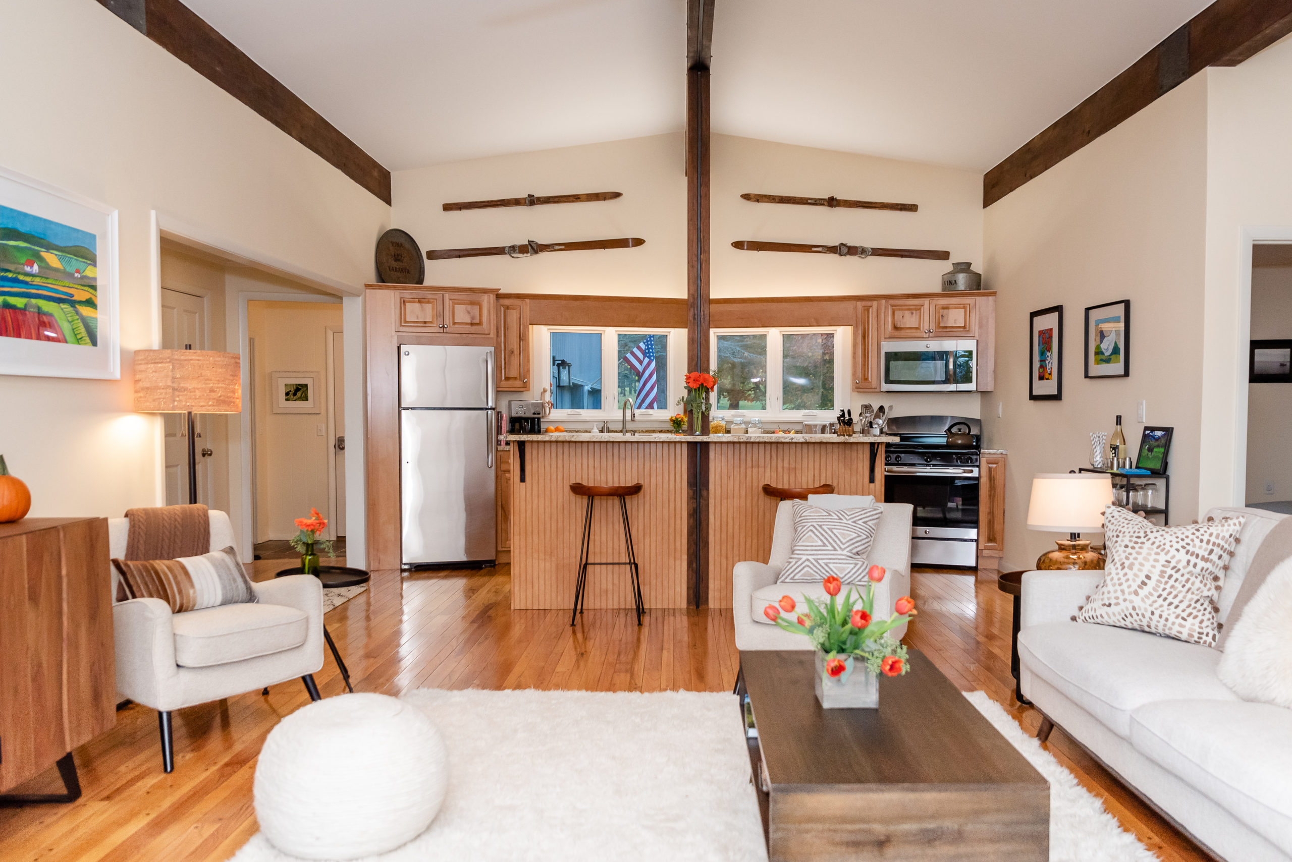 An open plan kitchen keeps the cooks in view.