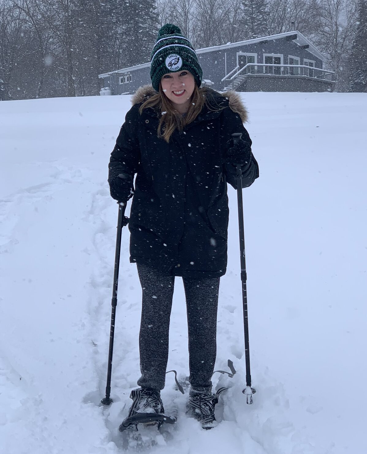 Snowshoeing on the large lawn